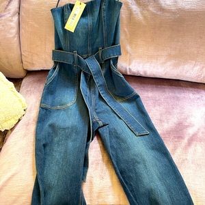 NWT Alice and Olivia strapless jean jumpsuit